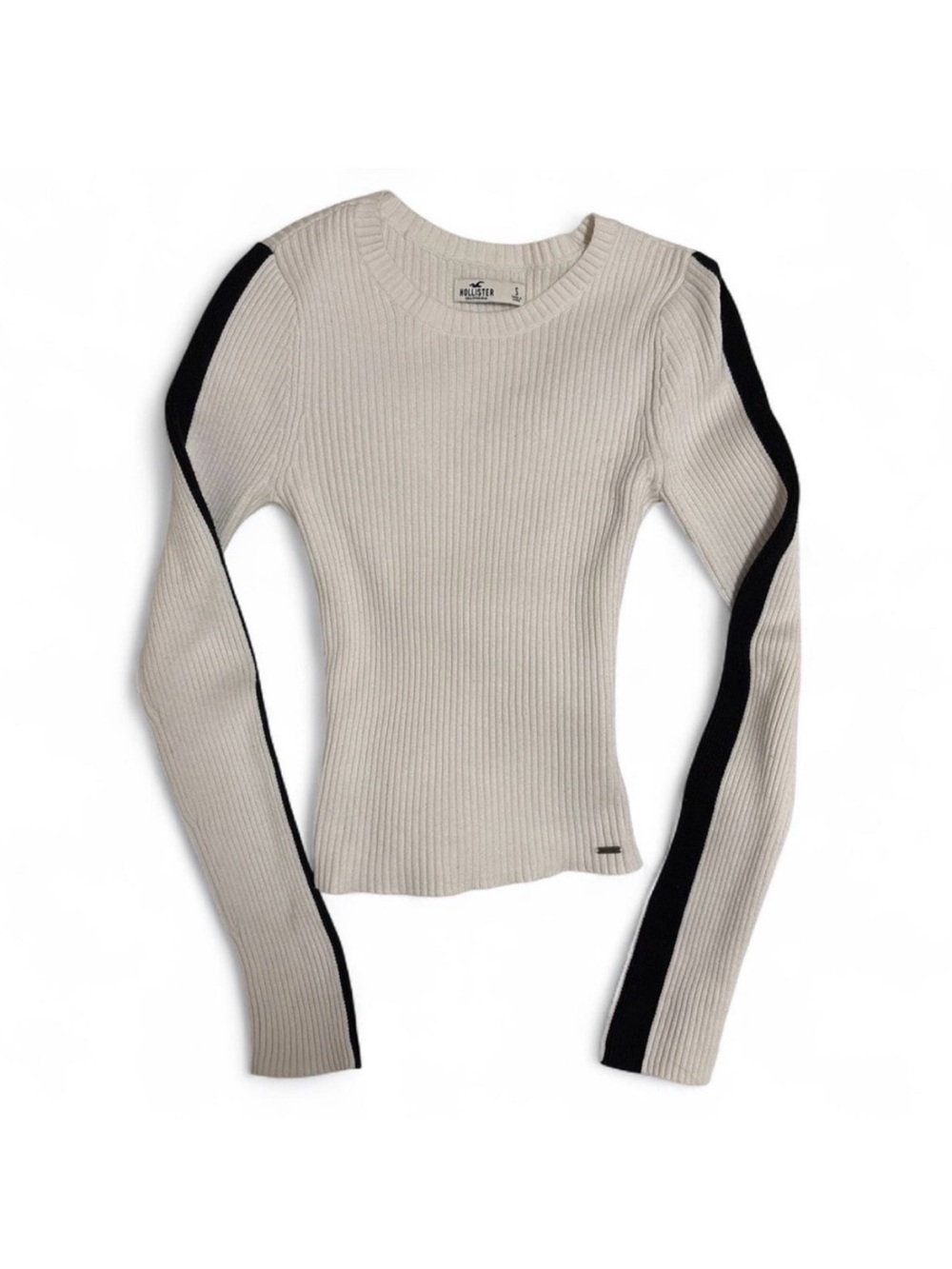 hollister fitted ribbed white sweater with black stripes size S